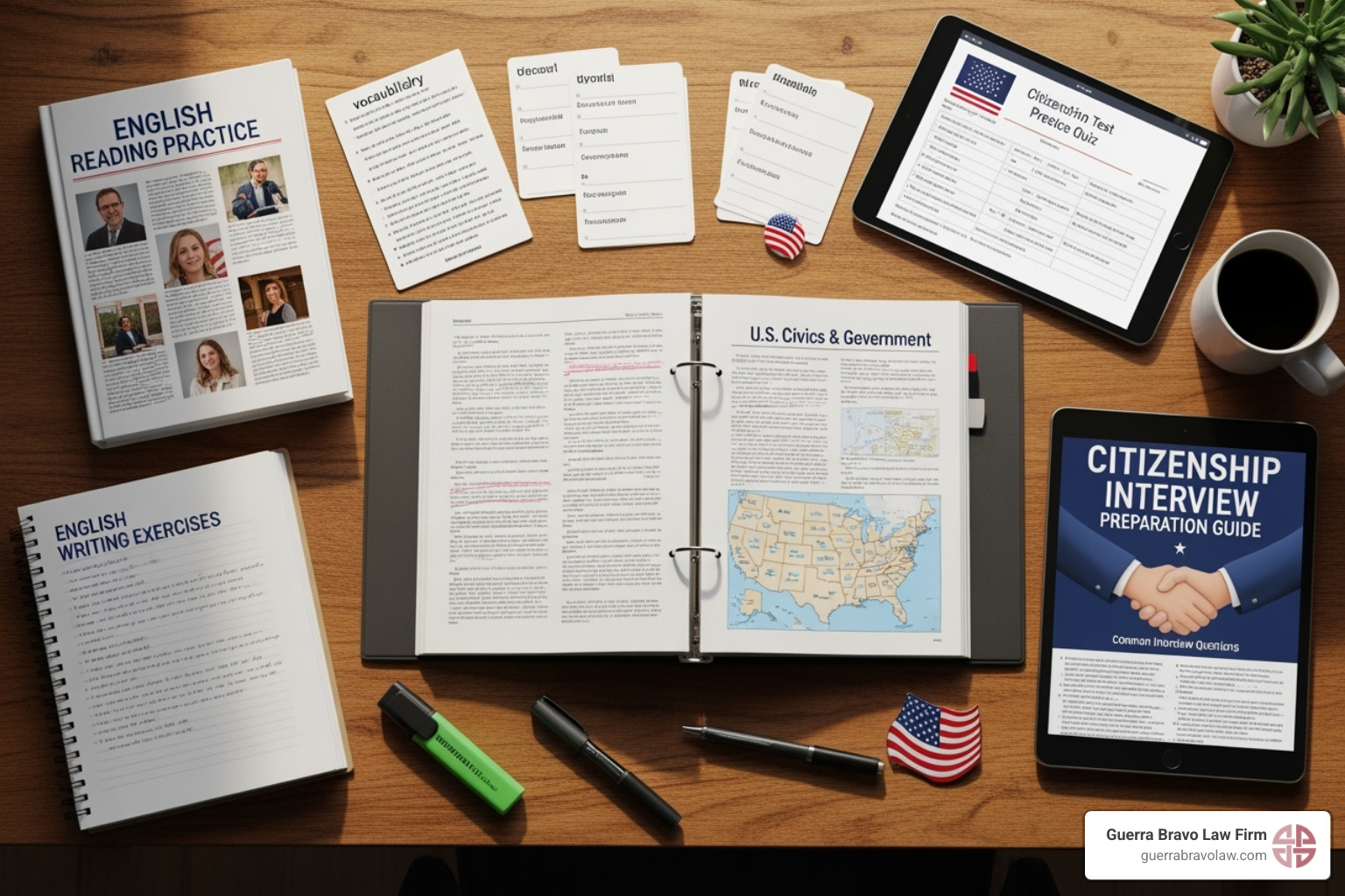 Study materials for U.S. citizenship test including civics questions, English reading and writing practice, and interview preparation guides - citizenship application assistance