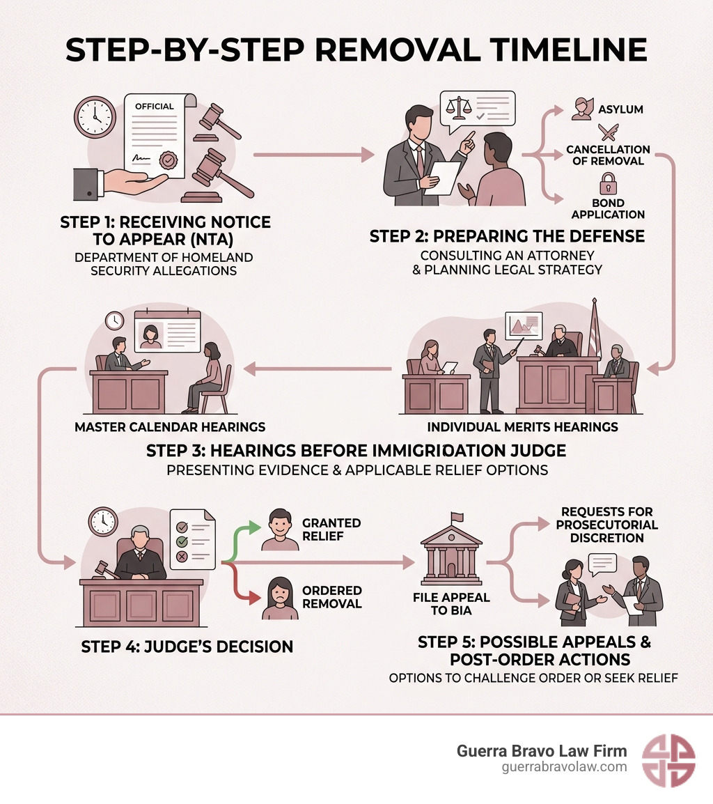 Step-by-step removal timeline from Notice to Appear (NTA) to final order of removal - deportation defense attorney