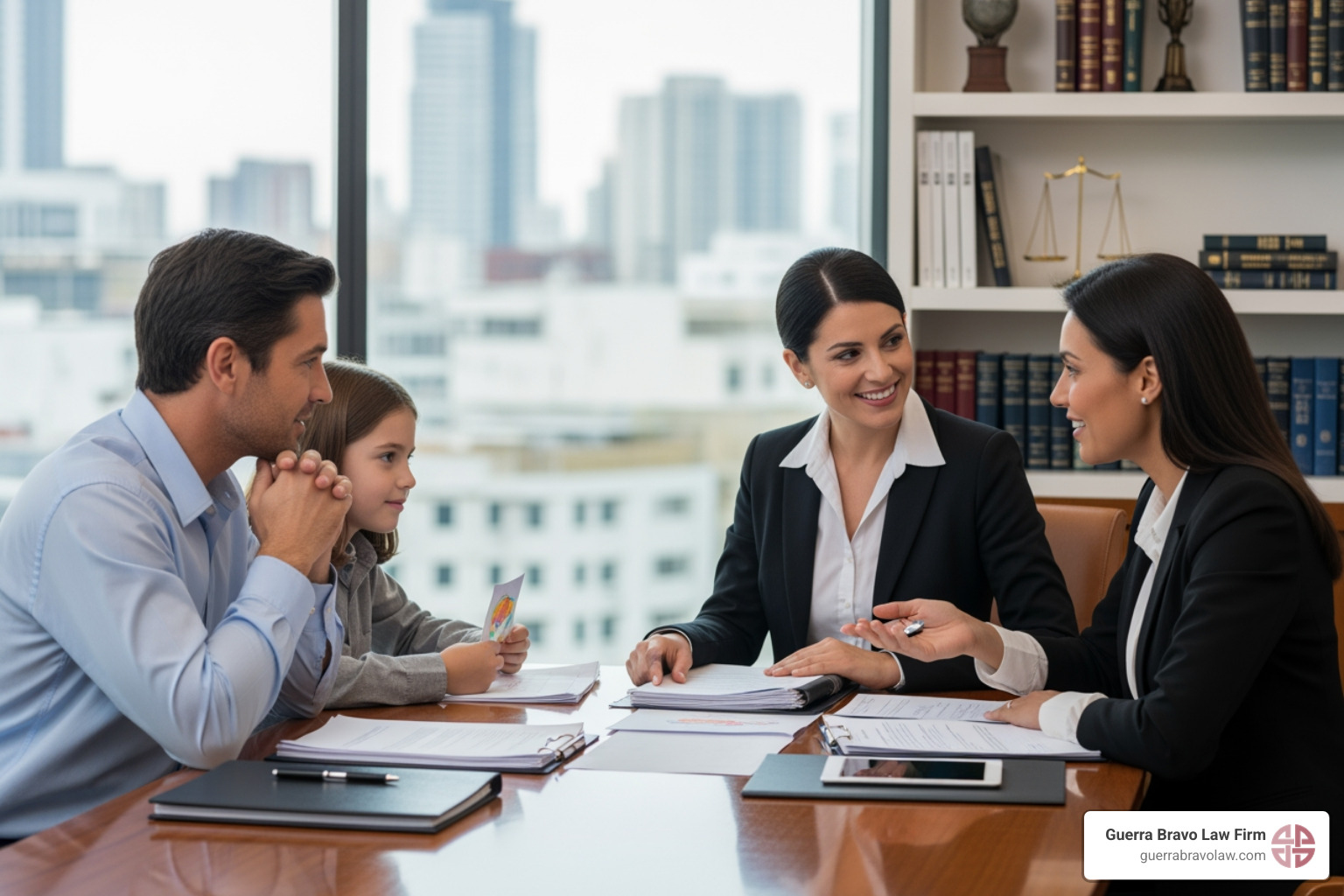 A lawyer consulting with a family, reviewing documents and offering reassurance - Family immigration lawyer