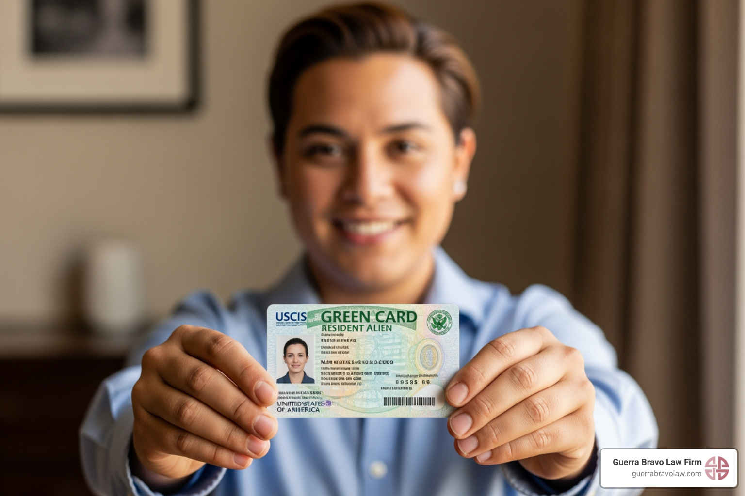 A person proudly holding their newly issued Green Card - Family immigration lawyer