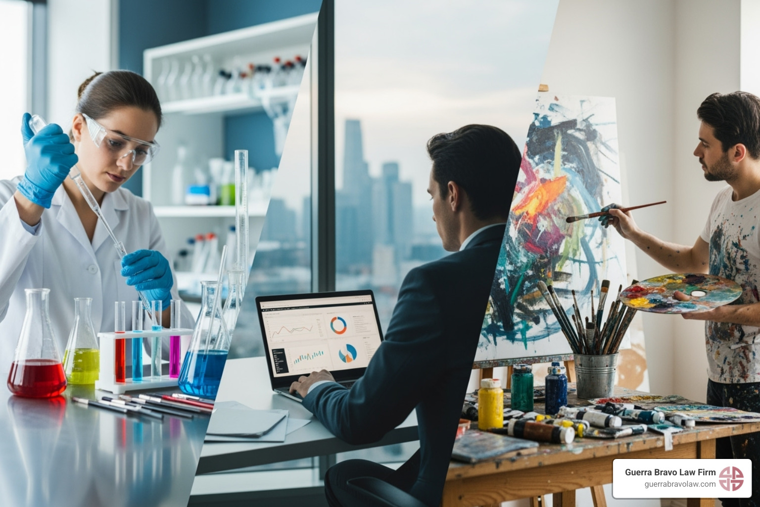 A collage of different professionals at work: a scientist in a lab, a business person in an office, and an artist creating art. - immigration lawyer for work visas