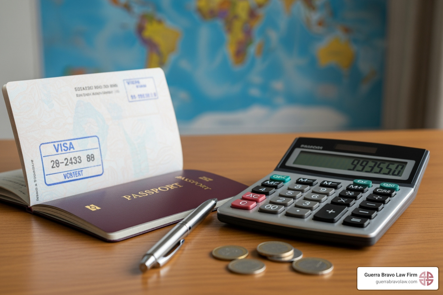 A calculator and a passport, symbolizing the financial planning required for immigration - o1 visa attorney fee