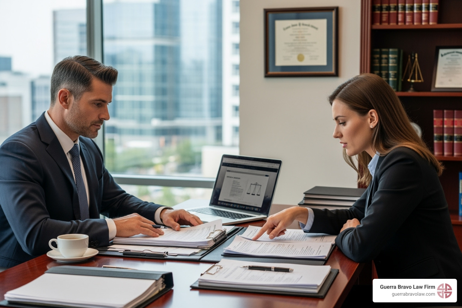 lawyer and client reviewing case file in office - removal defense lawyer