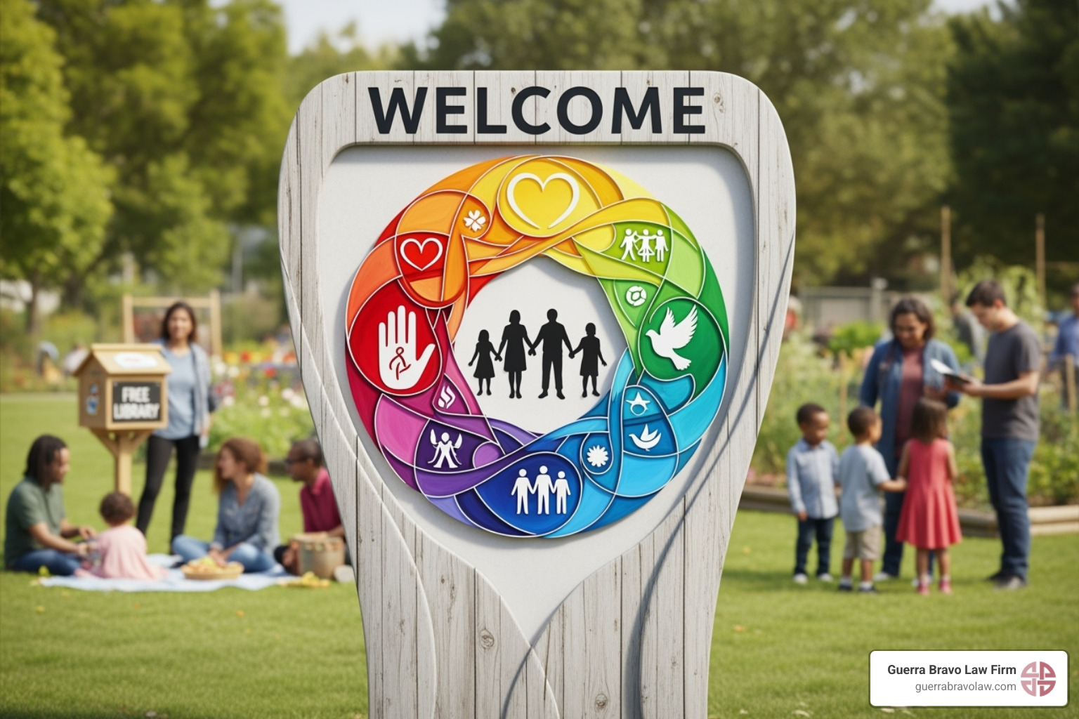 A stylized welcome sign for refugees in multiple languages - US immigration law